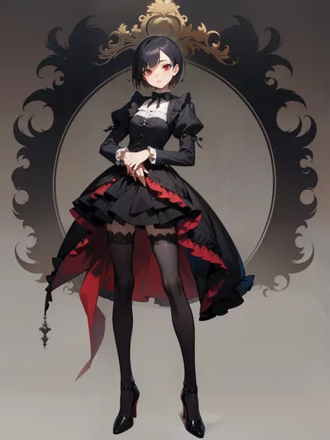 anime girl, red eyes, black short hair, gothic butler outfit, heels, Gothic art, high details, high quality, 4K, HD, masterpiece, anatomically correct