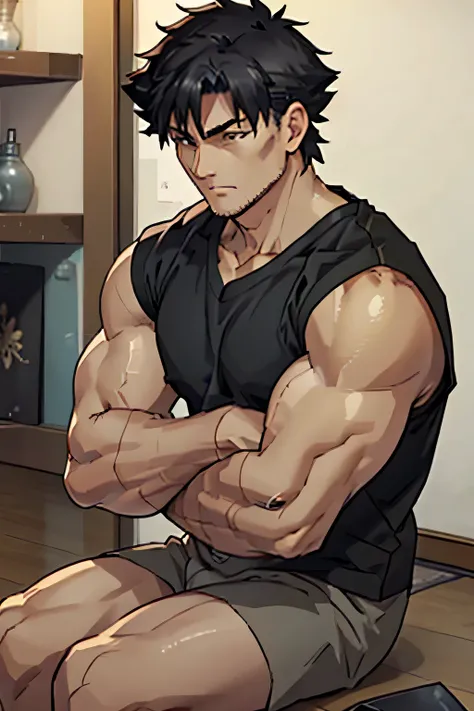 Kiritsugu is sitting and flexing his arms. He wears black short boxershorts. You can see his thighs completely. He wears a black tshirt with short sleeves. His right sleeve is completely rolled up, so you can see his entire arm and shoulder. He has a huge ...