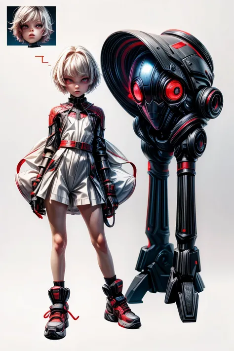 appearence a 13 years old teenage girl,red eyes,albino,calm,quiet,cute,pretty,full body,looking ahead,short hair combed back,red outfit,black short,tied hair,spider verse suit,serious look,cyberpunk background 