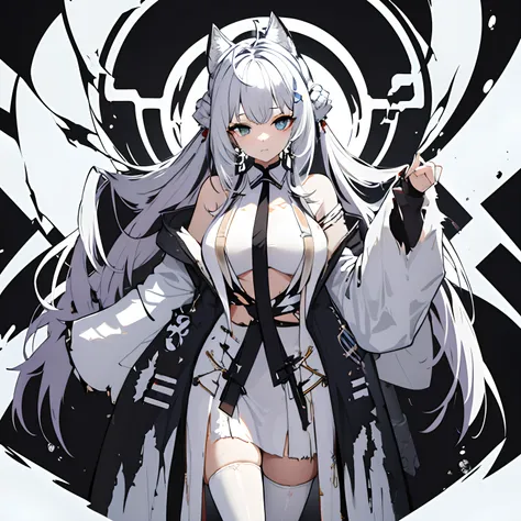 1 girl, solo, koyori, tattered and torn white robe, intricate white lab coat, torn black stockings, white hair with black tips, ...