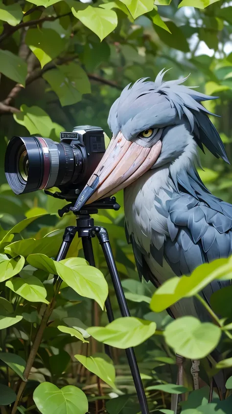 raw photos、highest quality、ultra high resolution、high resolution、masterpiece:1.3、shoebill stork、sharp eyes、aiming for prey、dense...