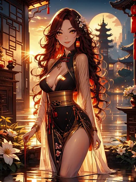 solo , solo girl, 1 girl, perfect anatomy, maximum sharpness, high definition, UHD, beautiful, marika, queen marika, black dress, low neckline, wavy red hair, golden eyes, detailed eyes, beautiful eyes, chest, one piece dress, sexy, sensual, no natural lig...