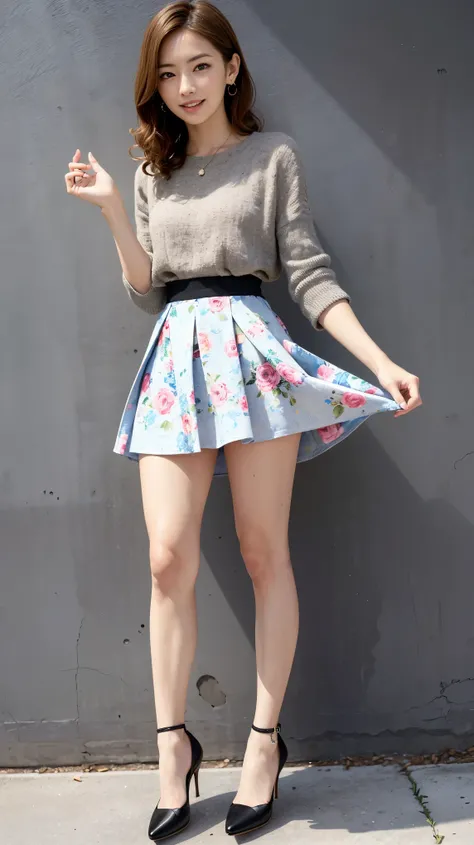 ((masterpiece)),(((Highest quality))),Thin thighs,Long legs,whole body:1.5，(One Girl:1.3),(Black high heels：1.3),(Wearing a mid-length flared skirt dress with a floral stripe pattern:1.2),Use both hands to pull up the hem of your skirt:1.5，Curly blonde hai...