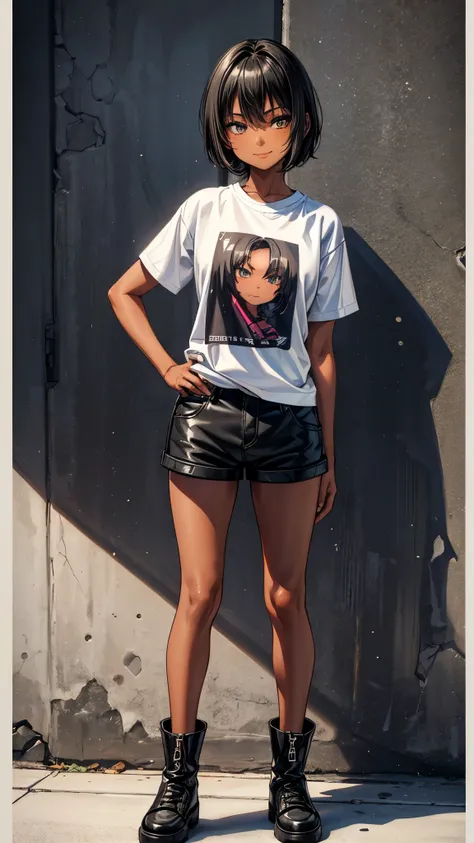 outside the street,((full body1.8)),One 16 years old girl,(dark skin color),short black hair,seductive smile,y2k fashion,tops,short sleeve,shorts,boots.