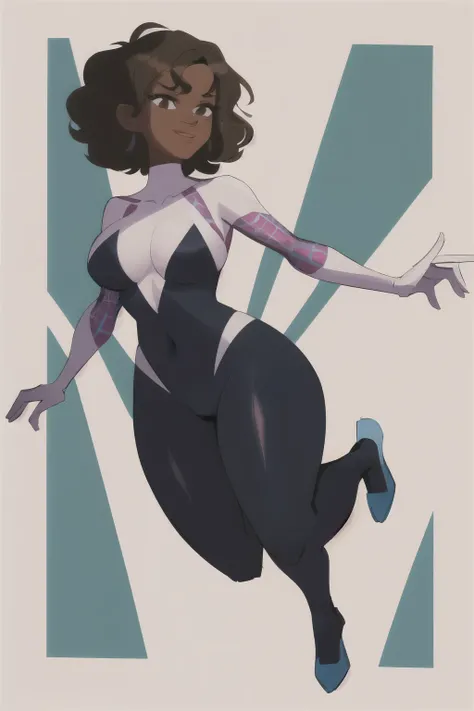 , (dark skin:0.8), Rio morales, Good shape, athletic figure, Sexy plump body, Big breasts, thick thighs, Latina, narrow waist, tight clothes, (smile:0.5), latina, Spider Gwen custom, Cosplay Spider Gwen, full body , short hair brow eyes, full body, short h...