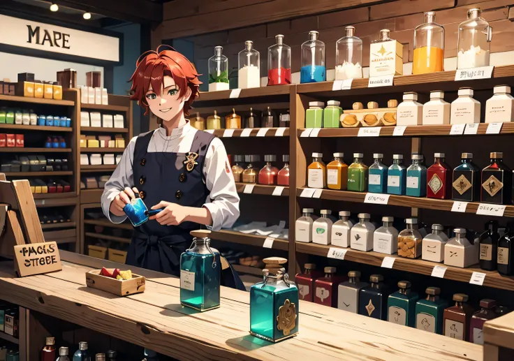 Create a simple medieval European Grocery store with just a single anime-shaped booth and counter. This store is based on the same model as RPG games. On the store stand there are blue potions, Green potions, red potions and yellow potions. There is a magi...