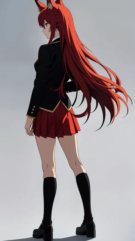1girl ,20s,mature female,serious face,solo,red hair,red eyes,long hair,fox ears,hair between eyes,(simple background),necktie,black jacket, blazer,long sleeves,pleated skirt,full body,from back,(looking back),walking,looking at view
