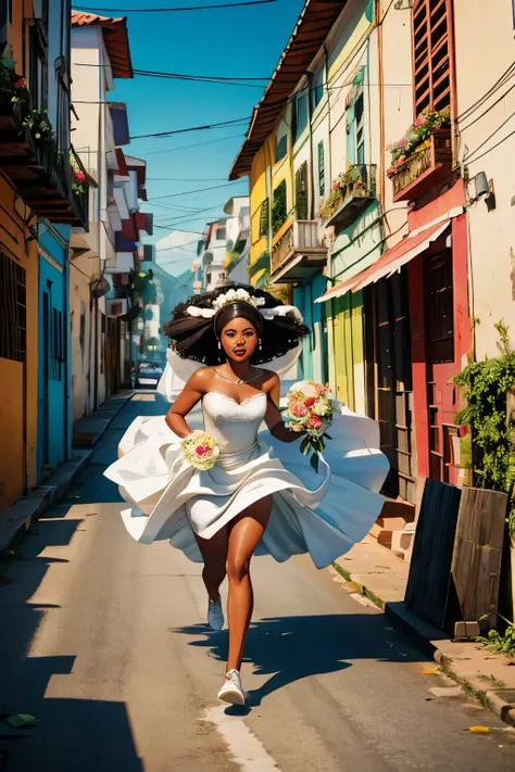 Create an illustration of a black woman, in a wedding dress, running away from an altar, bride on the run, she is in the background, running away, the setting is the streets of the community of Rio de Janeiro.