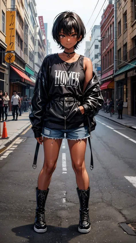 outside the street,((full body1.8)),One 16 years old girl,(dark skin color),short black hair,seductive smile,y2k fashion,jersey tops,shorts,lace up long army boots.