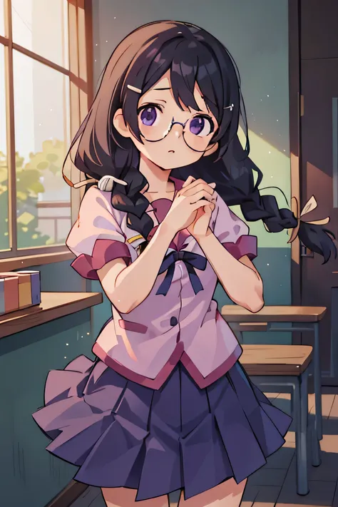 Hanekawa Tsubasa, hanekawa tsubasa, Long Hair, Black Hair, hair ornaments, (Purple eyes:1.1), Braiding, Barrette, Twin Braidings, , Naoetsu High School , Glasses,break skirt, , Naoetsu High School ,break outdoors, city,
break looking at viewer, break (Tabl...
