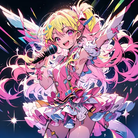 masterpiece、Cute Anime Girl、Hoshino Ruby、Yellow Hair、Long Hair、Pink eyes、Pink outfit、Ribbon on head、(((Hold the microphone)))、smile、Shining Background、Starry Ski、Upper Body