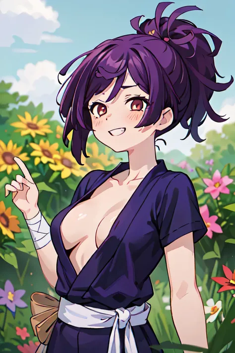 (Highest quality:1.1), (masterpiece:1.2), Portraiture, 
One girl, yuzuriha_(jigokuraku), Purple Hair, Brown eyes, Ninja, Open clothes, Cleavage, Small breasts, Topknot, Medium Hair, Let go of my chest, White Belt, Grin, Outdoor, (blush:1.1), Flowers,
 