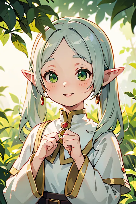 Facial lighting,Bright backlight,Ultra-high resolution,Highest quality,photograph,4K,(Realistic:1.2),Jingling,One girl,Green Eyes,Silver Hair,Elf Ears,smile,Twin tails,