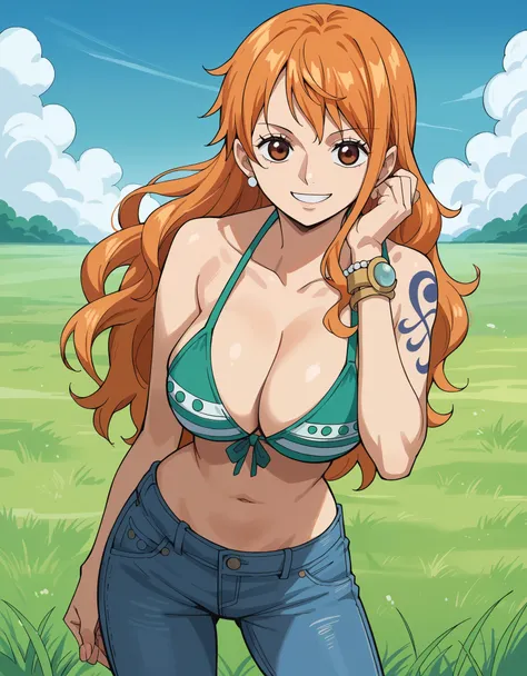 score_9, score_8_up, score_7_up, source_anime, best quality, clear face, nami, orange hair, long hair, large breasts, perfect bo...