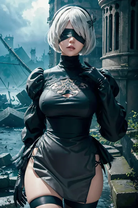 2B Nier Automata,Bobcut, Gray Hair,Long sleeve, Juliet Sleeve, White gloves, turtleneck, bangs, Feather ornament, Feather ornament sleeves, Blindfold, Black Goth Dress,Japanese Ultra HD,super high quality,masterpiece,Digital SLR,Photorealistic,Detailed det...
