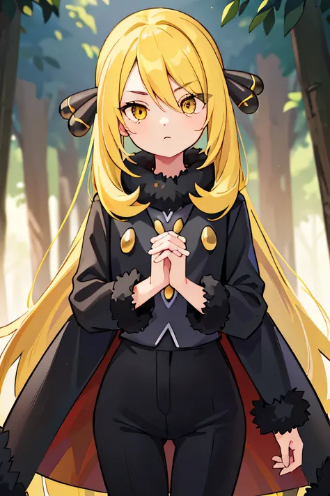 pokemon cynthia, pokemon cynthia, blonde, hair ornaments, hair on one eye, long hair, (yellow eyes:1.5),
break black coat, black...