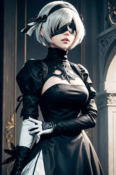 2B Nier Automata,Bobcut, Gray Hair,Long sleeve, Juliet Sleeve, White gloves, turtleneck, bangs, Feather ornament, Feather ornament sleeves, Blindfold, Black Goth Dress,Bird&#39;s-eye view,Japanese Ultra HD,super high quality,masterpiece,Digital SLR,Photore...