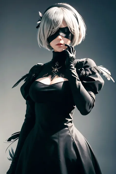 2B Nier Automata,Bobcut, Gray Hair,Long sleeve, Juliet Sleeve, White gloves, turtleneck, bangs, Feather ornament, Feather ornament sleeves, Blindfold, Black Goth Dress,Bird&#39;s-eye view,Japanese Ultra HD,super high quality,masterpiece,Digital SLR,Photore...