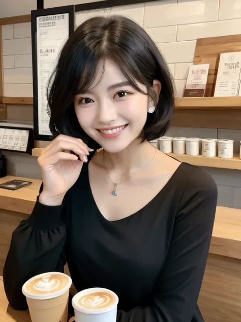 Clear Beauty、Short Haircut、Wavy Hair、 smile、Beautiful teeth alignment、Black Hair、ear piercing、Necklace around the neck、Long sleeve blouse、The background is a coffee shop

