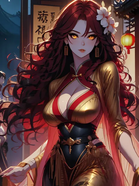 solo , solo girl, 1 girl, perfect anatomy, maximum sharpness, high definition, UHD, beautiful, mei, mei queen, black dress, low cleavage, wavy red hair, red hair, golden eyes, detailed eyes, beautiful eyes, chest, one-piece dress, sexy, sensual, night, dar...