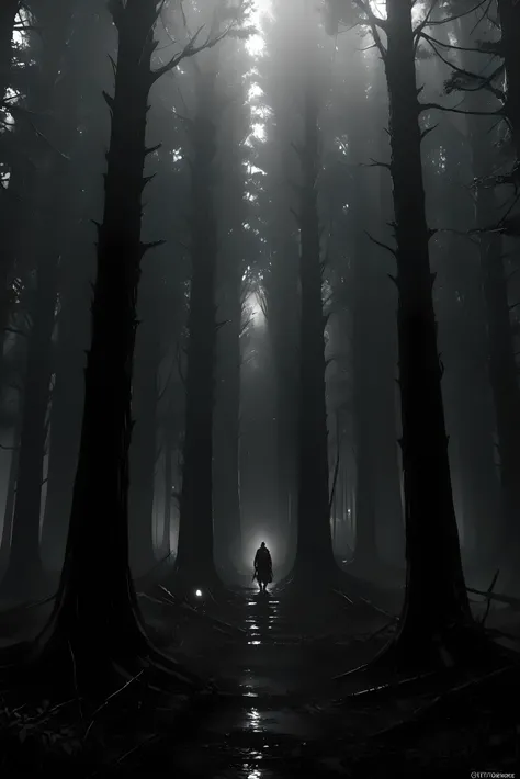 arafed image of a man walking through a wooded forest, Realistic dark concept art, dark cinematic concept art, 站In the dark forest, Standing in the mysterious forest, lost in a forest, lost in a forest, Forest Lights, In the dark forest, In the misty fores...