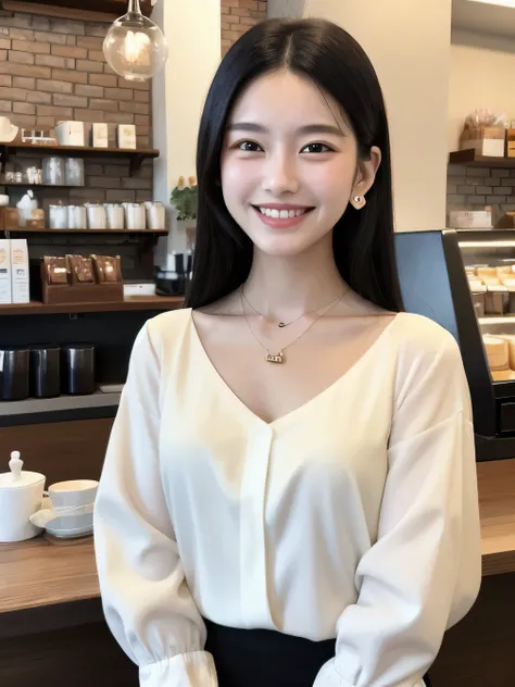 Clear Beauty、、 smile、Beautiful teeth alignment、Black Hair、ear piercing、Necklace around the neck、Long sleeve blouse、The background is a coffee shop

