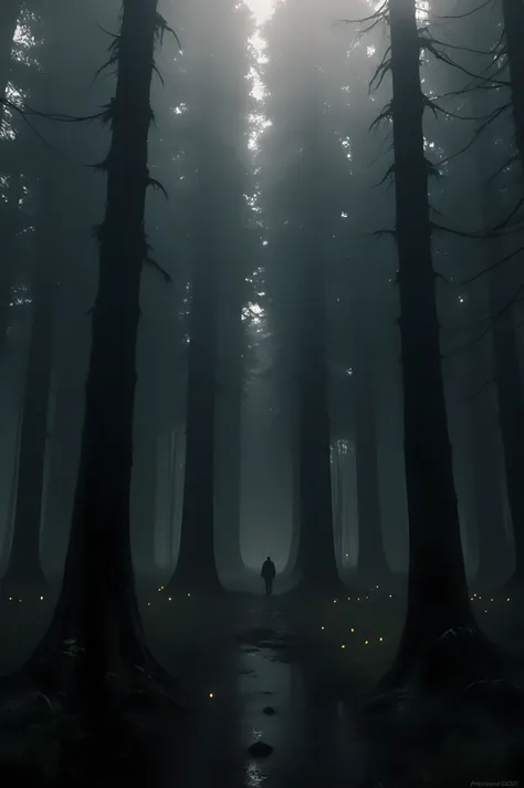 arafed image of a man walking through a wooded forest, Realistic dark concept art, dark cinematic concept art, 站In the dark forest, Standing in the mysterious forest, lost in a forest, lost in a forest, Forest Lights, In the dark forest, In the misty fores...