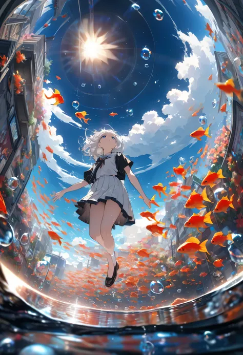 woman(student, 15 years old, ＪＫ, Short silver hair floating, Space-colored eyes, school black uniform, Pale skin, Tired face、lack of shine in the eyes) Looking up at the sky, (Many shiny red scale goldfish swimming in the air), (Transparent bubbles, like t...