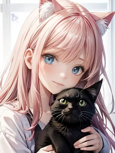 Girl with cat、Pink Hair、(Holding a black cat,Fluffy black cat)、Pink loose curls、blue eyes、Cat and glaring,smile,Cheek rubbing、Avatar