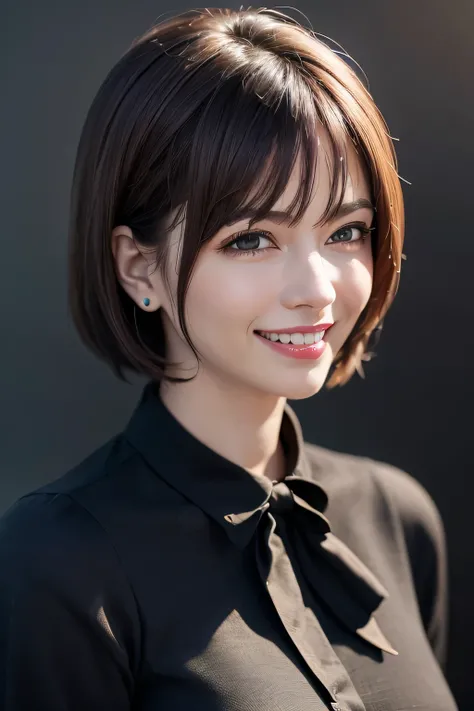 ((masterpiece)), ((Highest quality)), ((Complex)), ((Surreal)), (Realistic), (Mature Woman), ((There are no classes)), Very detailed, (1 female), Beautiful and exquisite, (Beautiful Teeth), Grin, Brunette Bob Hair, Brown eyes, ((blouse)), (Upper Body), (ba...