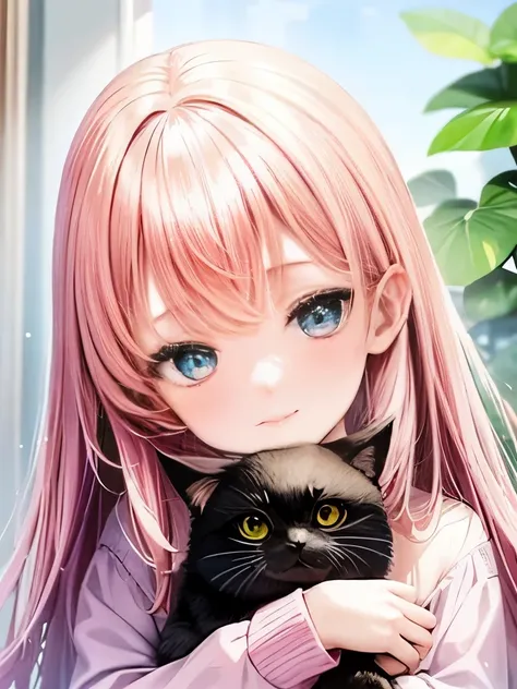 Girl with cat、Pink Hair、(Holding a black cat,Fluffy black cat)、Pink loose curls、blue eyes、Cat and glaring,smile,Cheek rubbing、Avatar