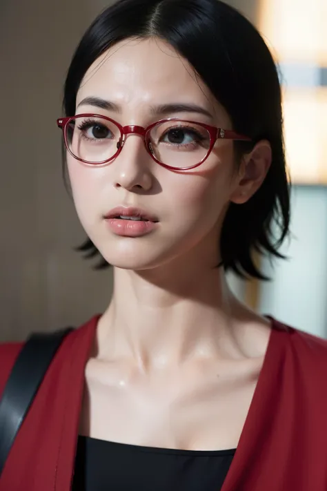 (highres,masterpiece:1.2),ultra-detailed,realistic,professional,beautiful detailed eyes,beautiful detailed lips,dark hair,short black hair,red glasses,Very big breasts,stunning black eyes,clear skin,18-year-old girl,fashionable short hairstyle,vibrant red ...