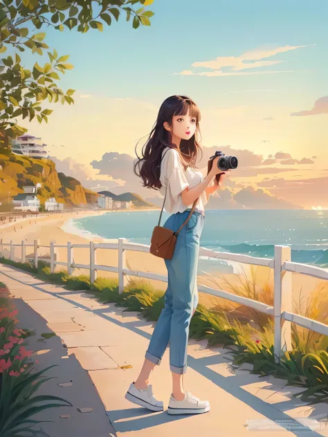 a woman Photograph of a beach with a camera, Realistic cute girl drawing, A beautiful artistic illustration, Beautiful illustrations, Published Artworks, Beautiful digital illustrations, Beautiful painting style, Illustration style, author：Yang J, Fine qua...