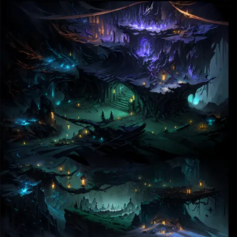 (masterpiece, Top quality, best quality, Official Art, beautiful and aesthetic:1.2), A dark and mysterious underground cave,Full of relics、Stone Altar、Torch lighting and vine-covered stonework and walls,The top floor has a stone coffin, magical fantasy 2 d...