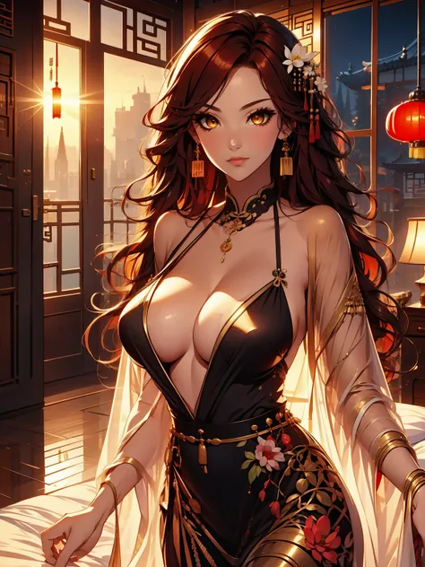 solo, solo girl, 1 girl, perfect anatomy, maximum sharpness, high definition, UHD, beautiful, marika, queen marika, black dress, low neckline, wavy red hair, golden eyes, detailed eyes, beautiful eyes, chest, one piece dress, sexy, sensual, no natural ligh...