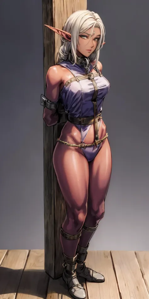 (Masterpiece, best quality, intricate details, 1sologirl) iron collar, arms behind back, iron cuffs, shackles, bound ((standing by wooden pole:1.2)) looking from above happy closed mouth ((Pirotes Dark elf skin))