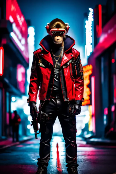  cyberpunk monkey with a gun, no blurry, cyberpunk, red jacket, neon