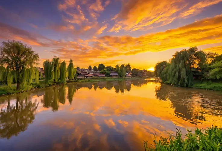 This image depicts a breathtaking sunset over the river.。, Located in a quiet rural setting. The sky is painted in shades of orange and yellow, Reflected in the calm river waters below. Trees in the landscape々and buildings are scattered around, Add depth a...