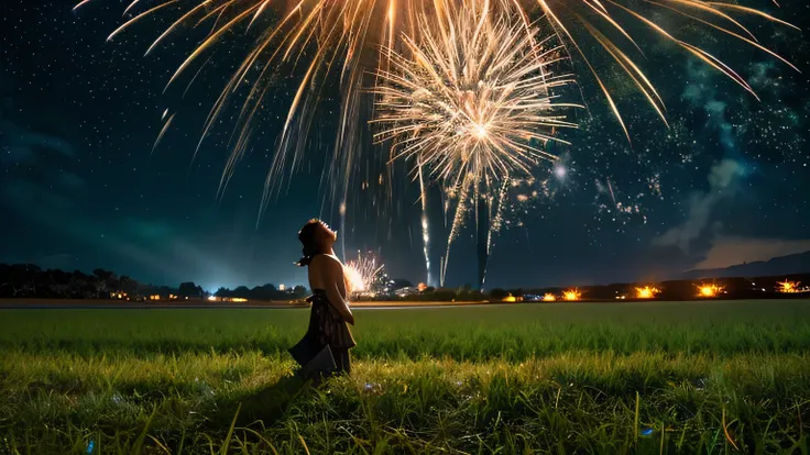 Night view、(The vast starry sky:1.4)、Seven-color sparkling starry sky、Fireworks display、Big fireworks bursting into the night sky、Beautiful skyline、Vast grassland、Paddy field、Very tense and dramatic photo、Moving visual effects、The North Star Hanging High、C...