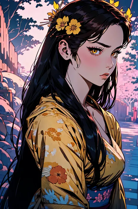 hyper-realistic of a mysterious woman with flowing dark hair, piercing yellow eyes, and a delicate floral crown, backwards, looking back, upper body, (yukata)