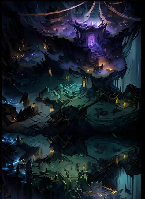 (masterpiece, Top quality, best quality, Official Art, beautiful and aesthetic:1.2),Chinese oriental mystery, A dark and mysterious underground cave,Full of relics、Stone Altar、Torch lighting and vine-covered stonework and walls,The top floor has a stone co...
