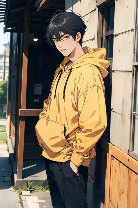 ((best quality)), ((master part)), (circunstanciado), face perfect, 1st grade, standing alone, handsome, yellow hoodie, cabelos ...