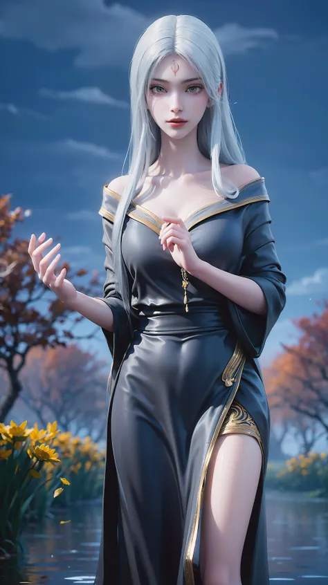 A beautiful young girl bathing in serene water, her long white hair flowing gracefully, holding her hands to her chest to cover herself, a glowing golden lotus floating on the water beside her, (best quality,4k,8k,highres,masterpiece:1.2),ultra-detailed,(r...