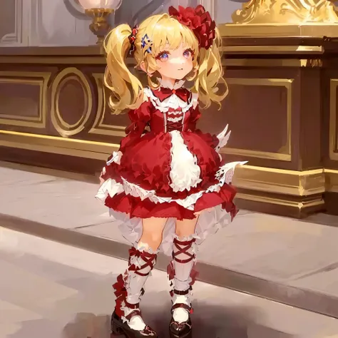 masterpiece:1.2, best quality, detailed and beautiful, a close up of a person in a dress and shoes, ,  in dress, small  girl, ingame image, frilly outfit, fantasy outfit, , maid outfit, cute anime waifu in a nice dress, lolita fashion, ayaka genshin impact...