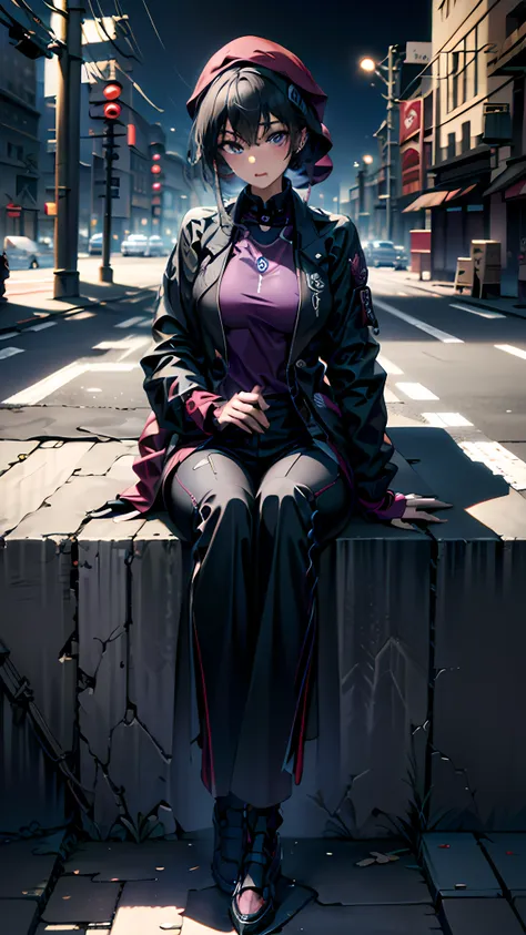 masterpiece, best quality, ultra-detailed, 1girl, solo, purple eyes, black hair, purple tips, black cap, black jacket, futuristi...