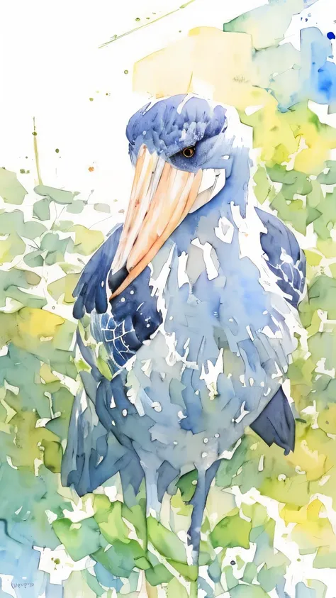 (((watercolor、a blurred painting)))、highest quality、ultra-high resolution、masterpiece:1.2、shoebill stork、sharp eyes、sharpness in...