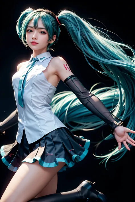 Professional photos,(One Girl),Detail Skin, Beautiful Skin, Black T-shirt, beautiful girl,Dark Background ,Hatsune_Miku,View your audience,Blue Here, Sigma 85mm F/1.4, Bounce lighting, When you look to the side,