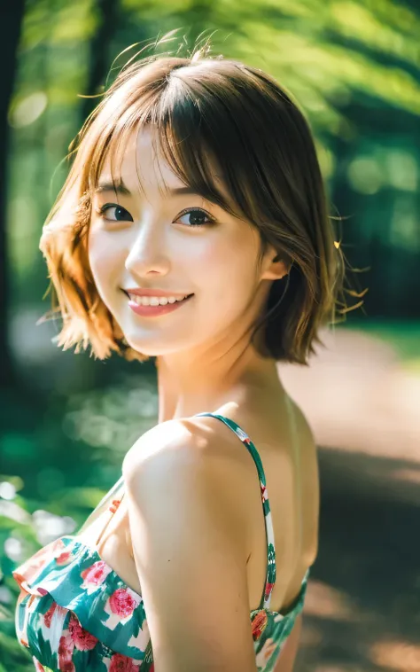 masterpiece, Best Quality, 8K, 1 girl, Japanese cute  girl, in summer, forest, stream, out of focus, 18 yo, large breasts, half open eyes, cute little, Solo, mouth closed, smile, summer dress, Girly, Delicate girl, Neat and clean beauty, Raw photo, Profess...