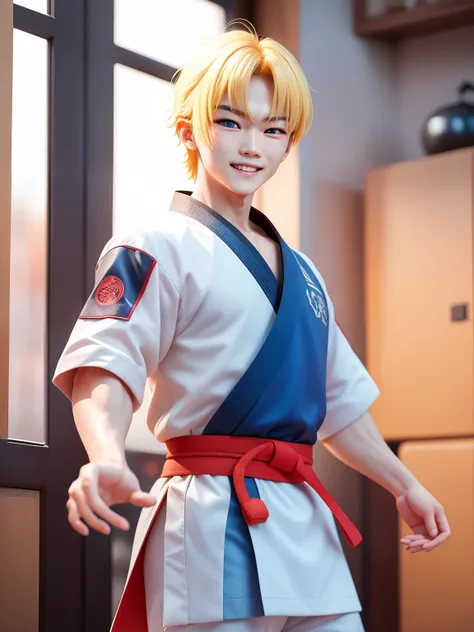 Hot boy, blonde hair, red blue eyes, martial artist, cheerful face, cunning