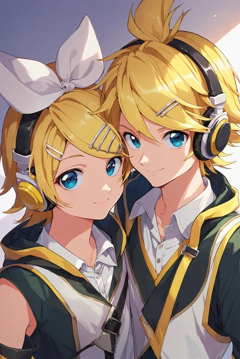 kagamine rin,1girl,kagamine len,1boy,blonde hair,short hair,looking at viewer,twins,detached sleeves,brother and sister,headphones,hair ornament,siblings,smile,blue eyes,hairclip,upper body,bangs,score_9,score_8_up,score_7_up,
